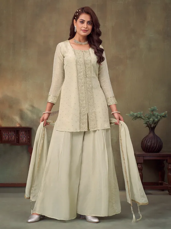 Cream embellished palazzo suit in silk