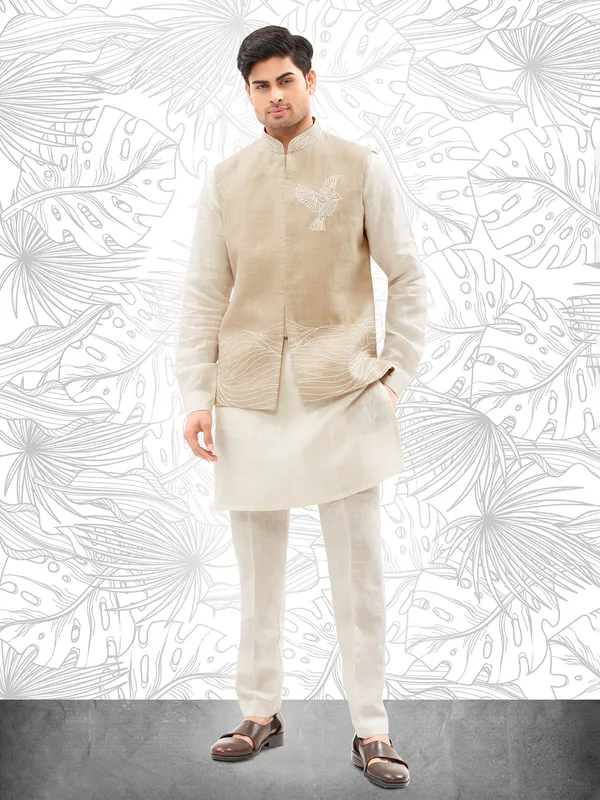 Cream embroidered waistcoat set for men