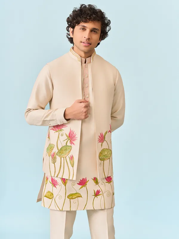 Cream exquisite lotus flower hand printed kurta jacket set