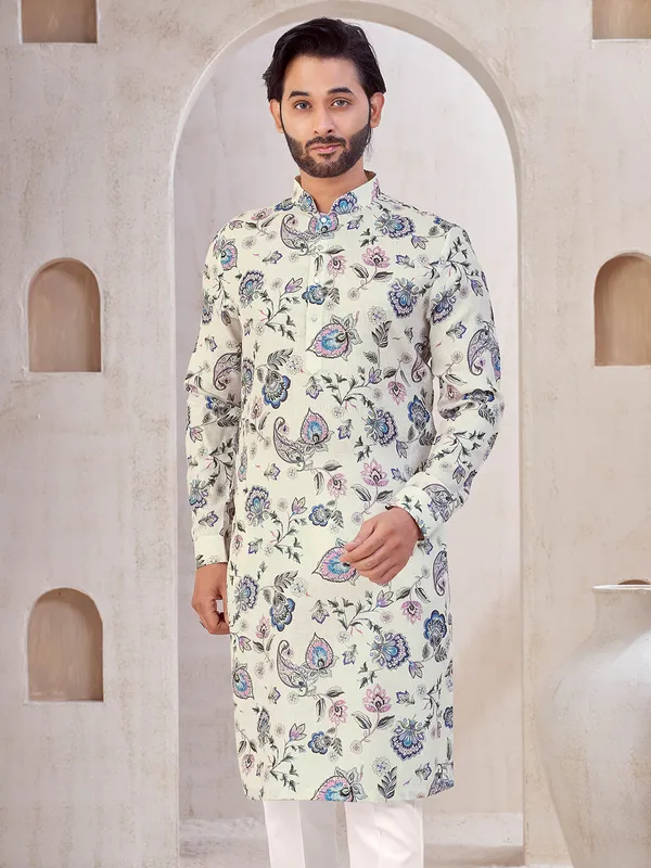 Cream festive wear cotton printed kurta suit