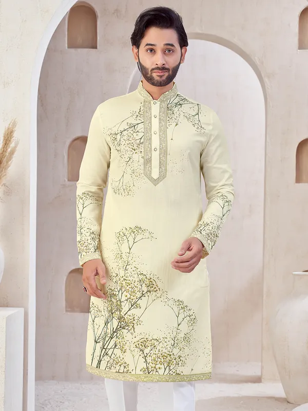 Cream festive wear men cotton kurta suit