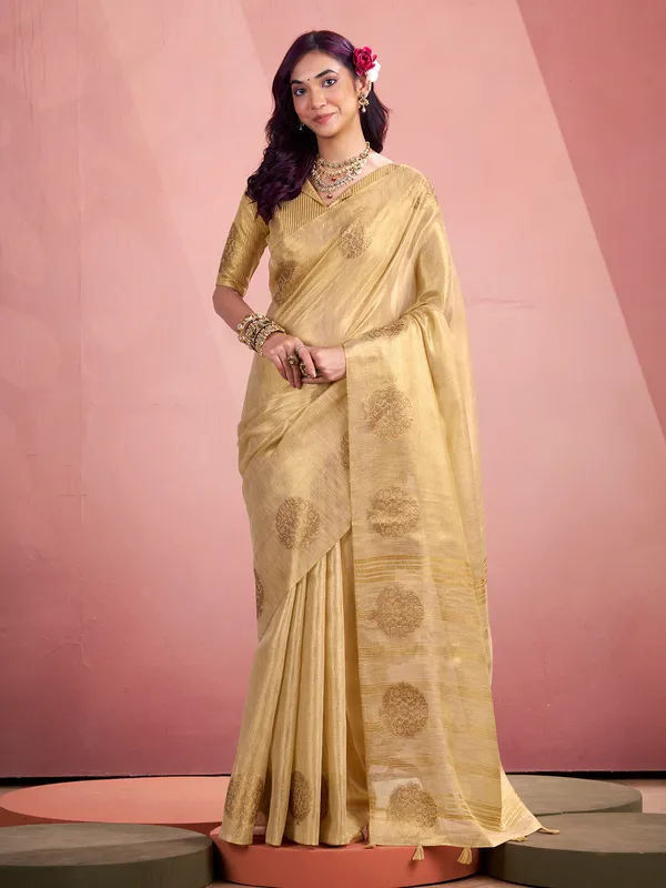 Cream festive wear saree in tissue silk