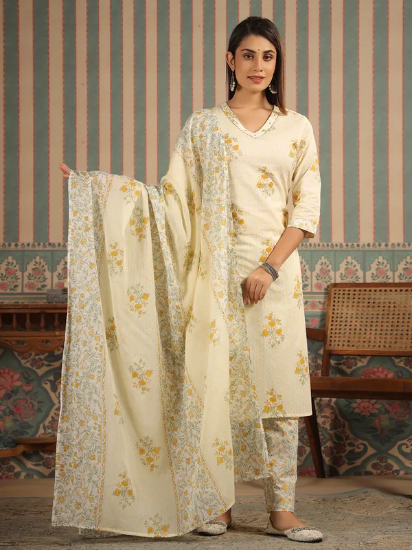 Cream floral print cotton kurti set