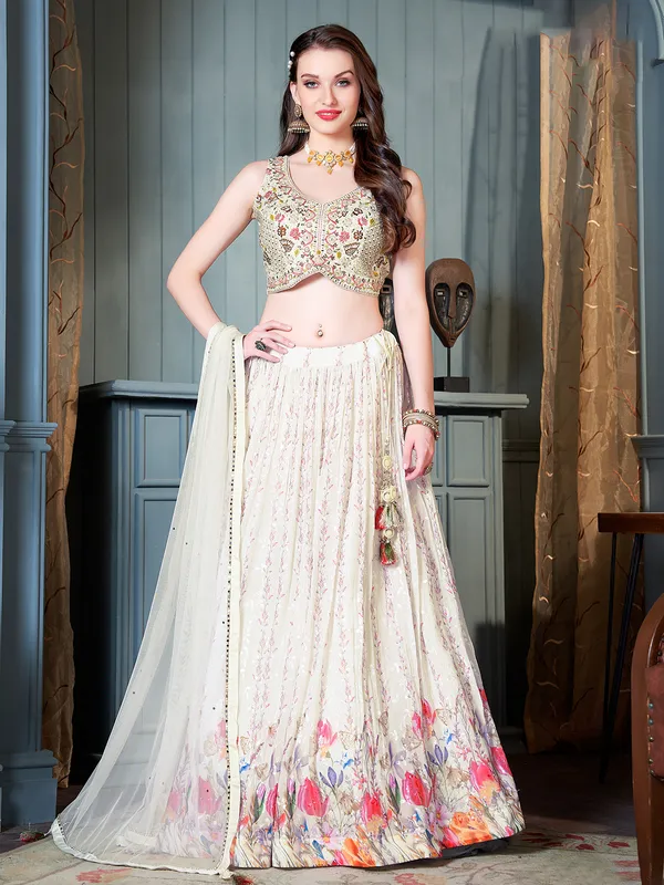 Cream floral printed silk lehenga choli