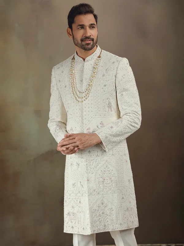 Cream georgette sherwani for wedding wear