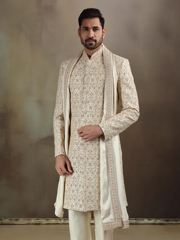 Cream gold silk sherwani with dupatta for mens