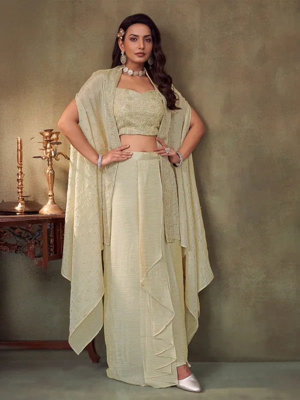 Cream indowestern jacket style silk suit