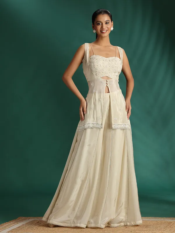 Cream jacket style palazzo suit for women
