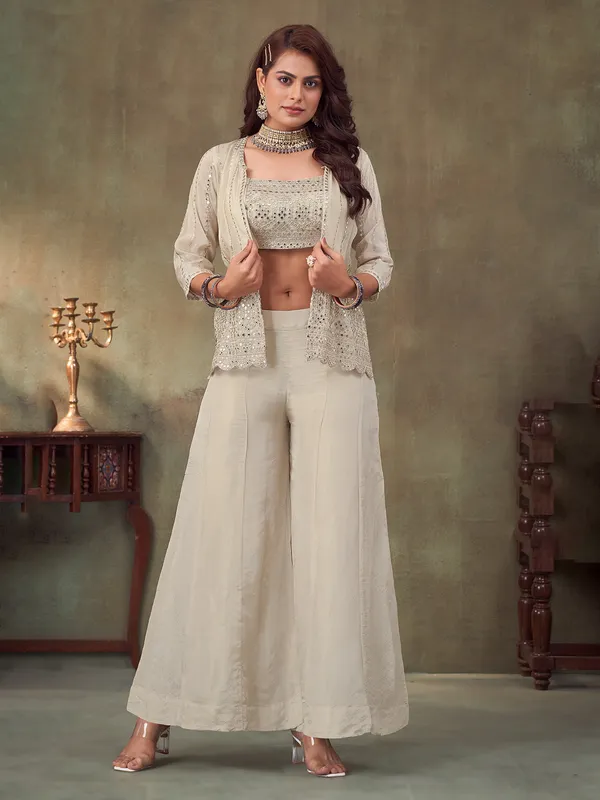 Cream jacket style palazzo suit in silk