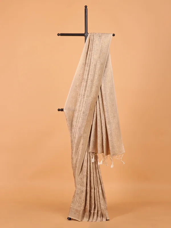 Cream kanjivaram silk zari weaving saree for festive