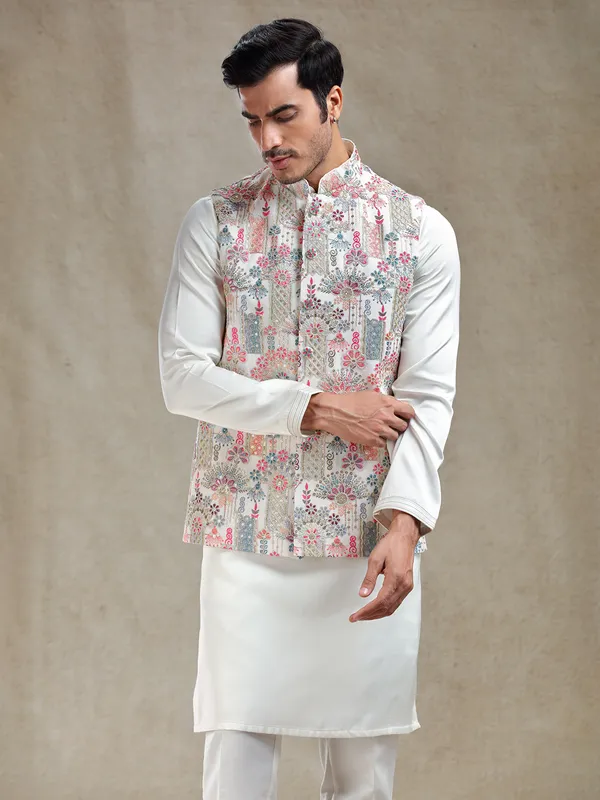 Cream georgette kurta jacket set for reception