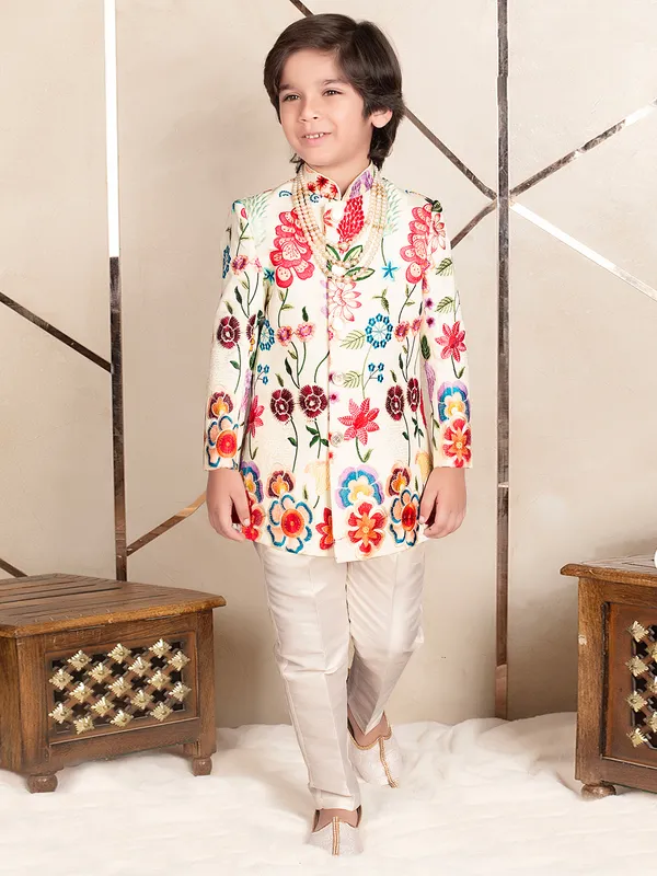 Cream lavish terry rayon indo western for boys