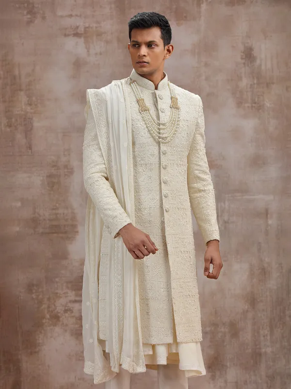 Cream lucknowi georgette peshwai sherwani with dupatta