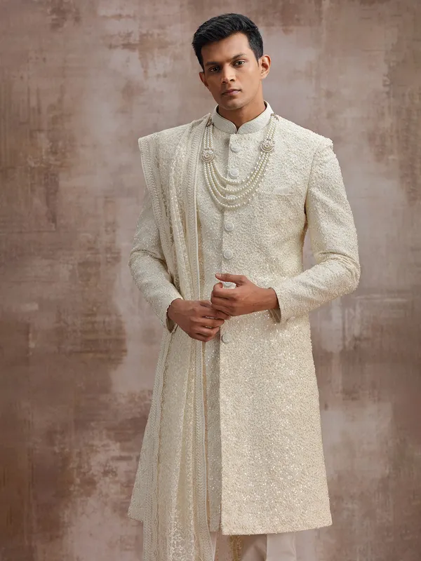 Cream lucknowi georgette sherwani with dupatta for wedding