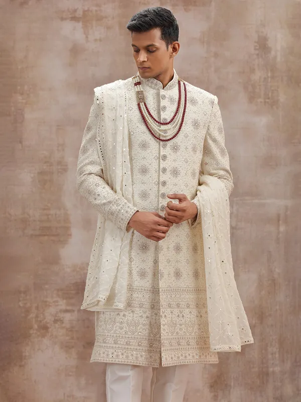 Cream lucknowi georgette sherwani with dupatta wedding