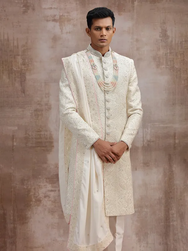 Cream lucknowi georgette wedding sherwani with dupatta