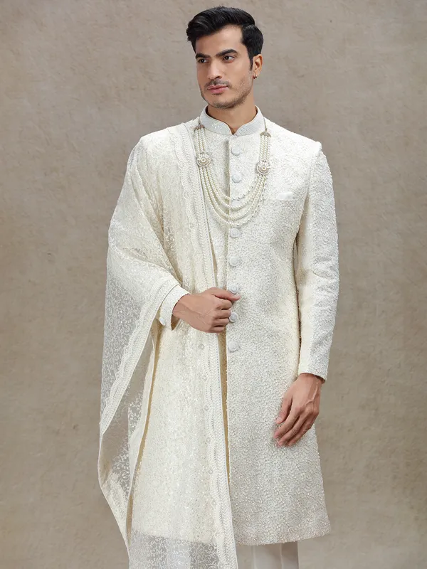 Cream lux traditional wedding sherwani attire