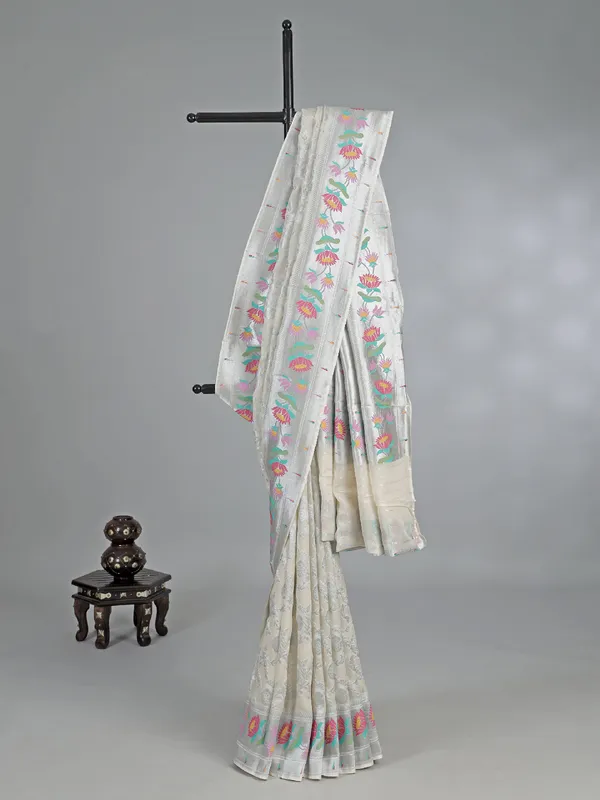 Cream modal silk saree with zari weaving