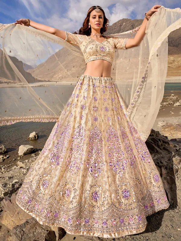 Cream net unstitched lehenga choli