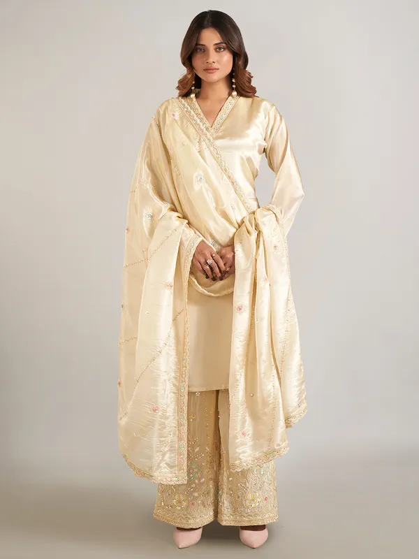 Cream pakistani silk palazzo suit for festival