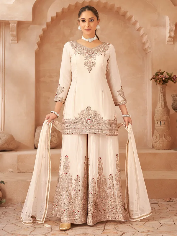 Cream pakistani silk palazzo suit for women
