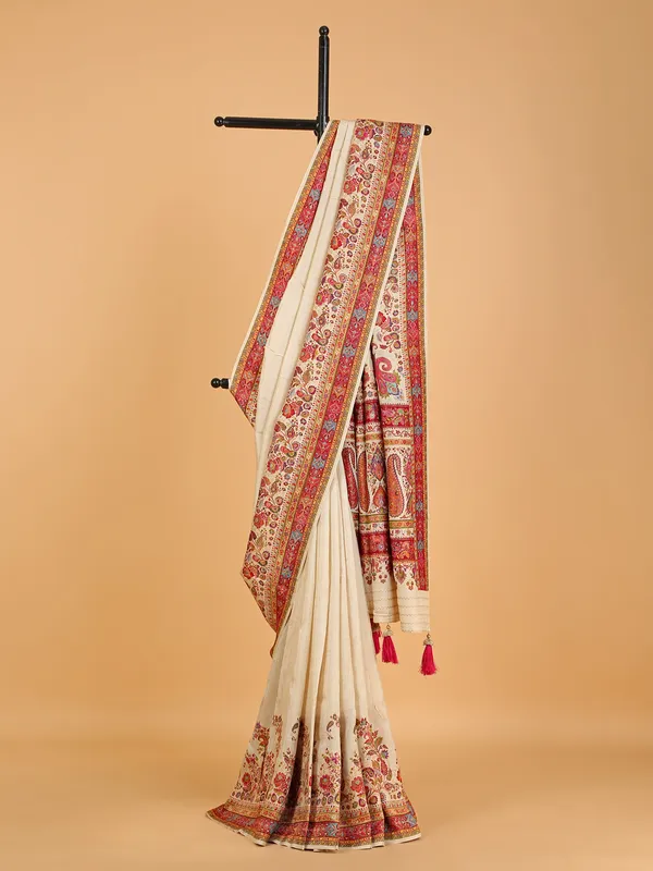 Cream pashmina silk saree for festive