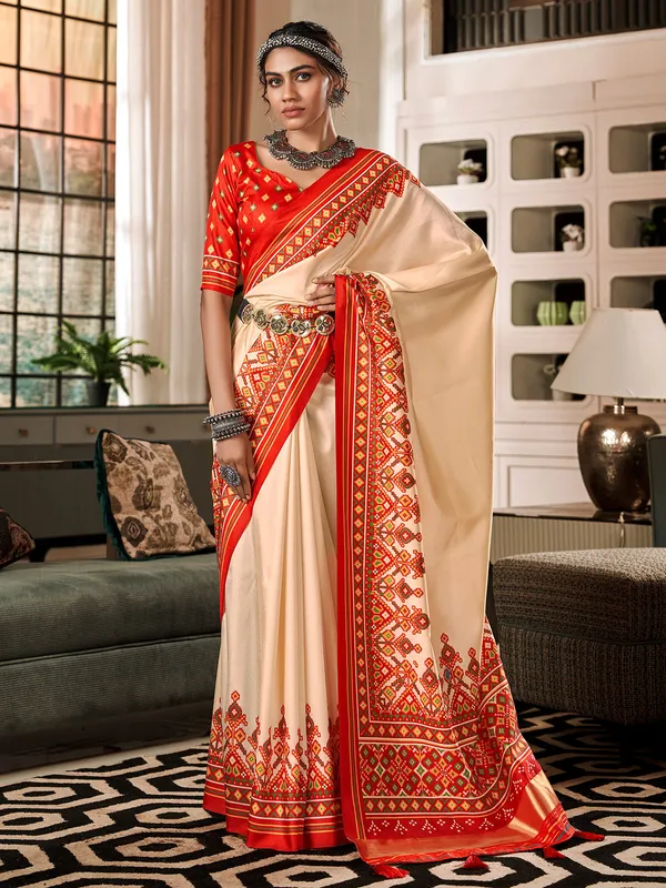 Cream patola printed tusser silk saree