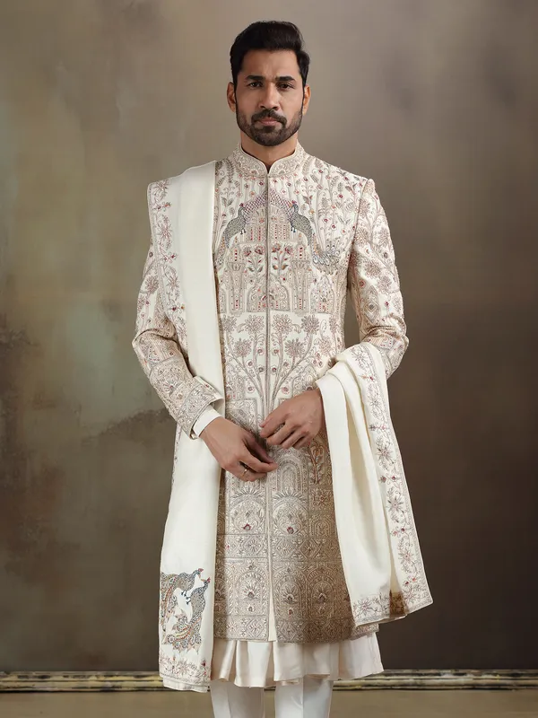 Cream peshwai style silk sherwani with dupatta