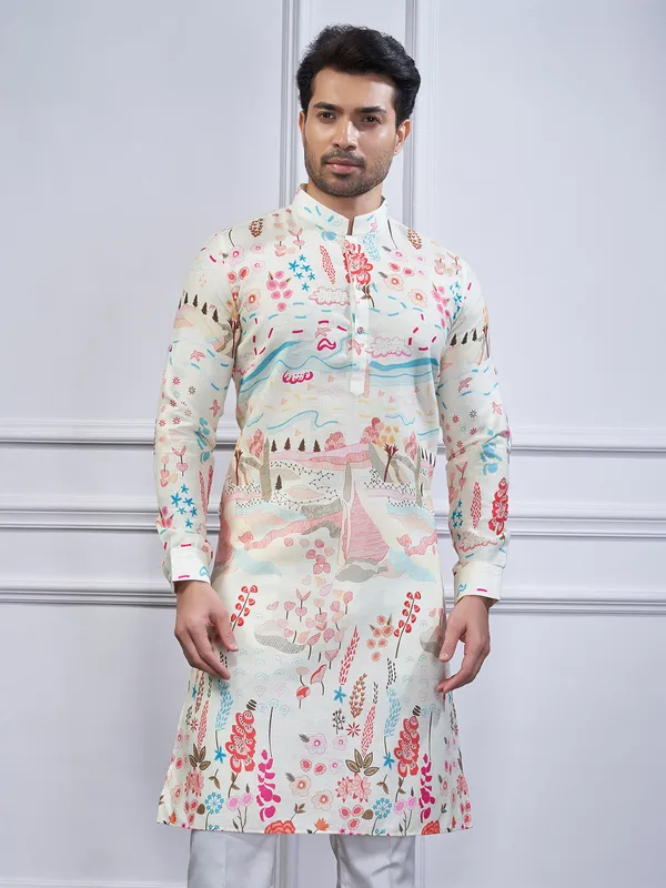 Cream printed cotton kurta pajama