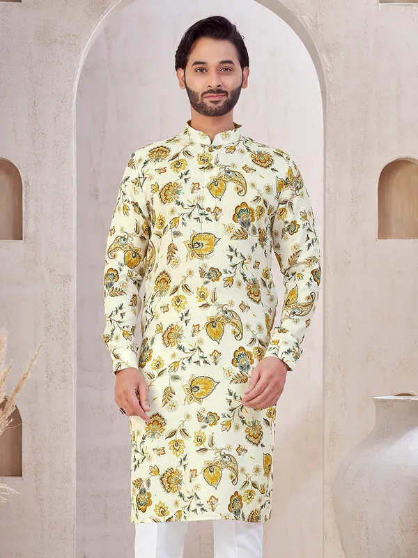 Cream printed cotton kurta suit for festival