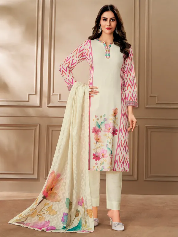 Cream printed cotton salwar suit