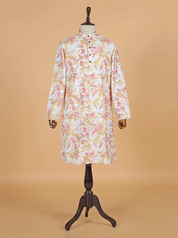 Cream printed cotton silk kurta suit for men
