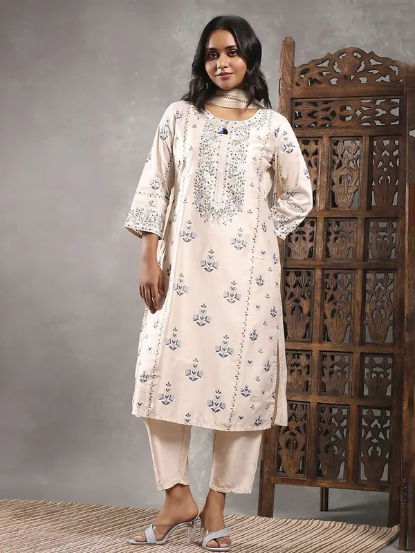 Cream printed cotton silk kurti set for women festive wear