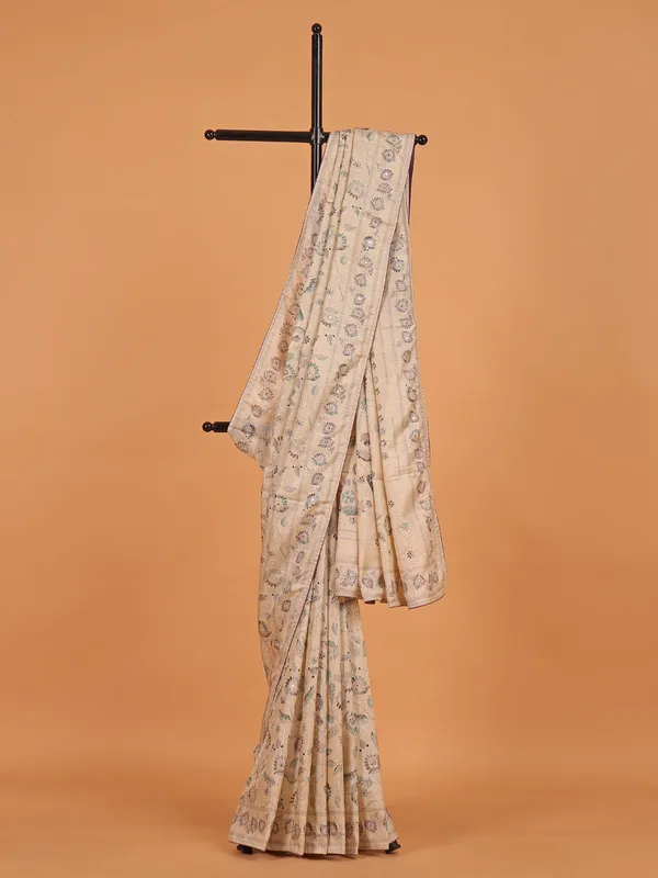 Cream printed cotton silk saree for women