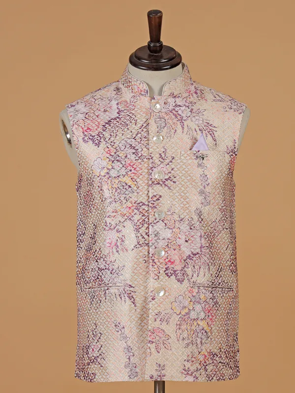 Cream printed cotton silk waistcoat for men