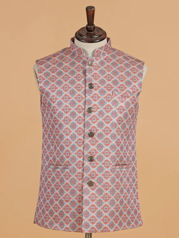 Cream printed cotton silk waistcoat in resham