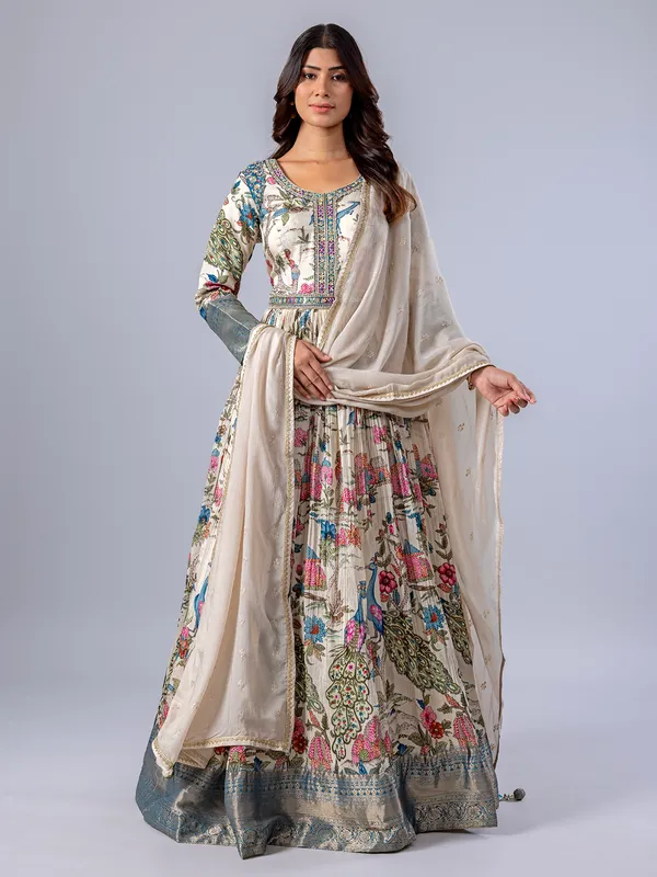 Cream printed floor length anarkali suit
