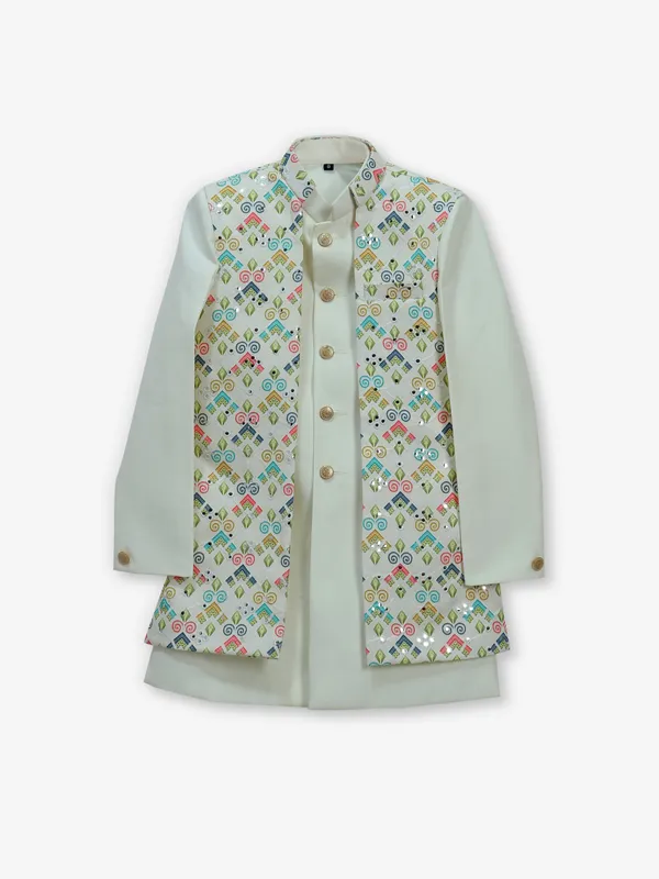 Cream printed indo-western set for boys