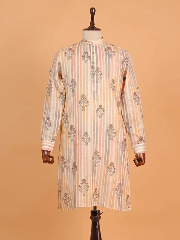 Cream printed kurta for men