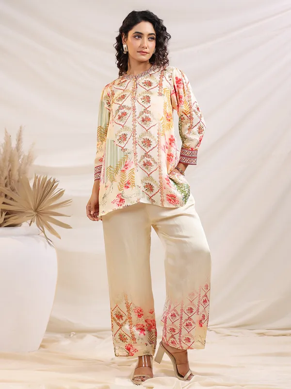 Cream printed linen co-ord set for women