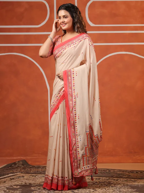 Cream printed muslin saree for women