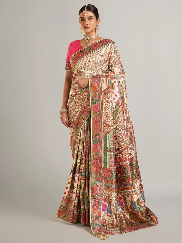 Cream printed pashmina silk saree