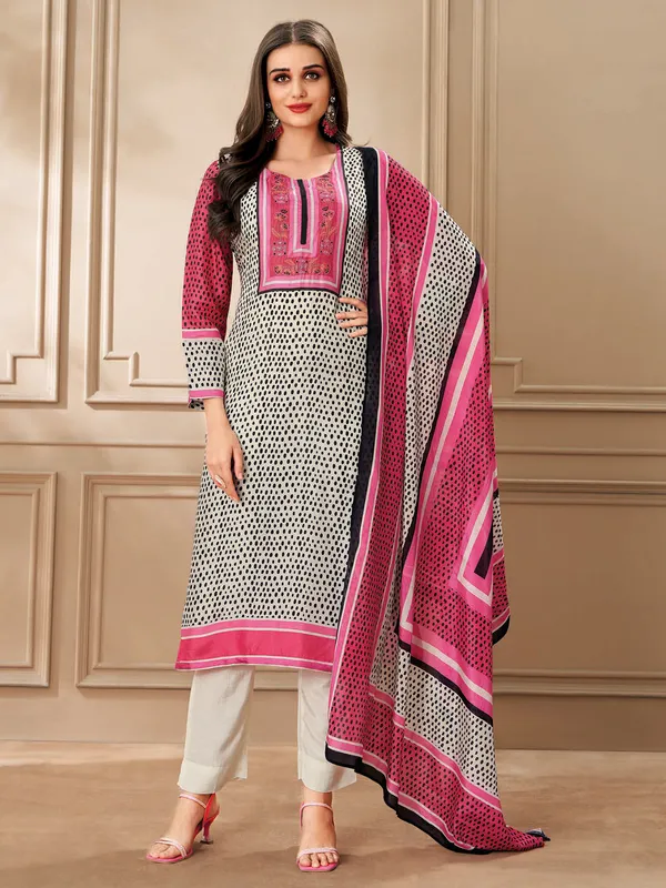 Cream printed salwar suit in soft dola silk