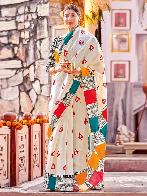 Cream printed saree in bhagalpuri silk