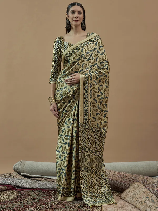 Cream printed saree in japan satin