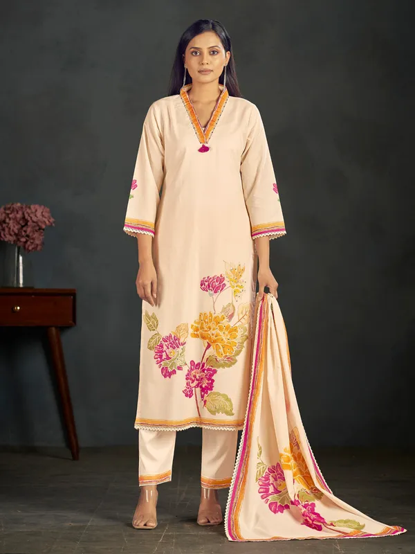 Cream printed silk kurti set with dupatta