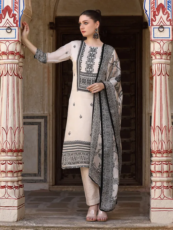 Cream printed silk kurti set with printed dupatta