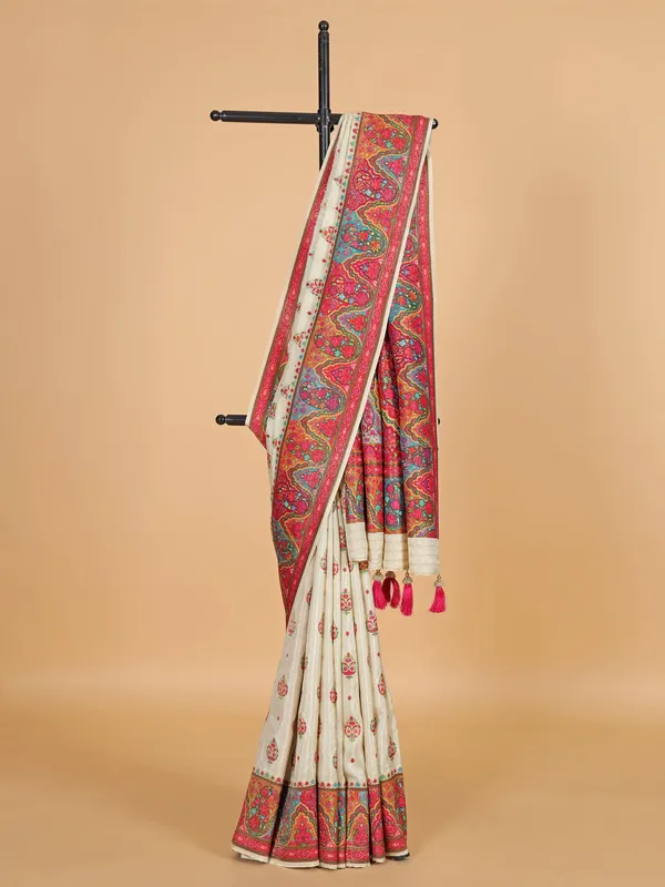 Cream printed silk saree with zari weaving