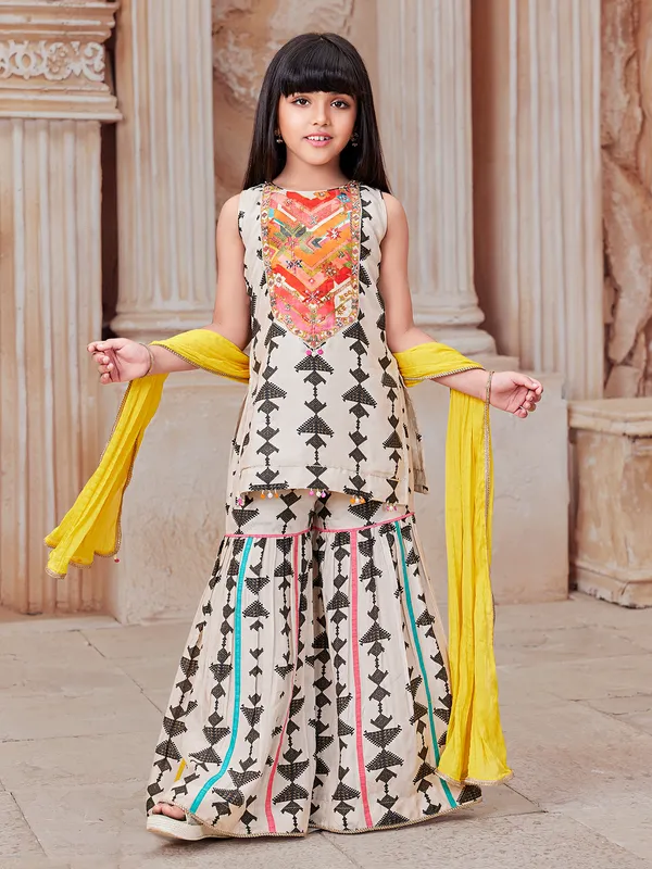 Cream printed silk sharara suit for festival wear