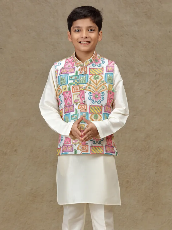 Cream printed silk waistcoat set for boys